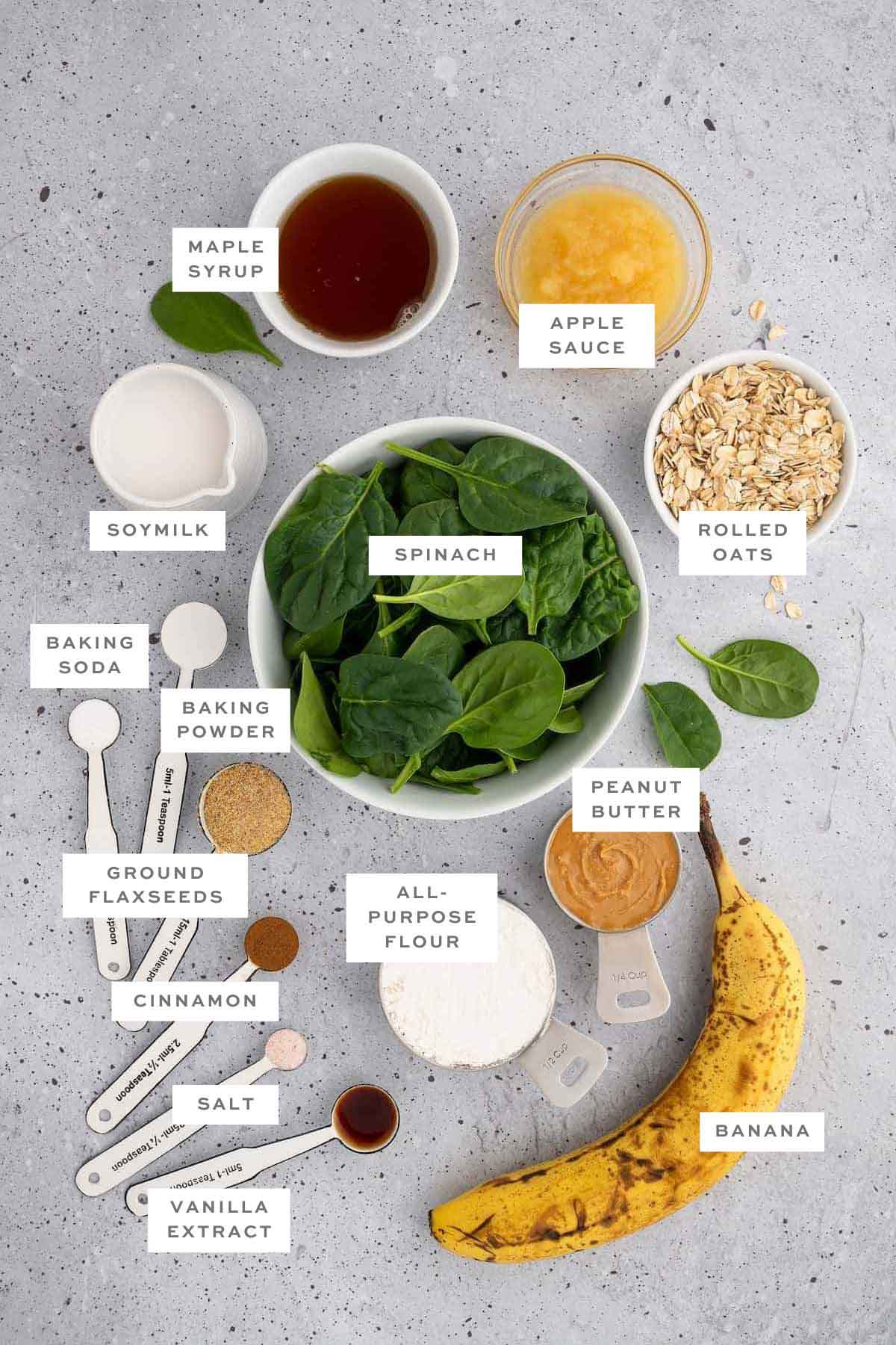 Ingredients for spinach banana muffins with labels.