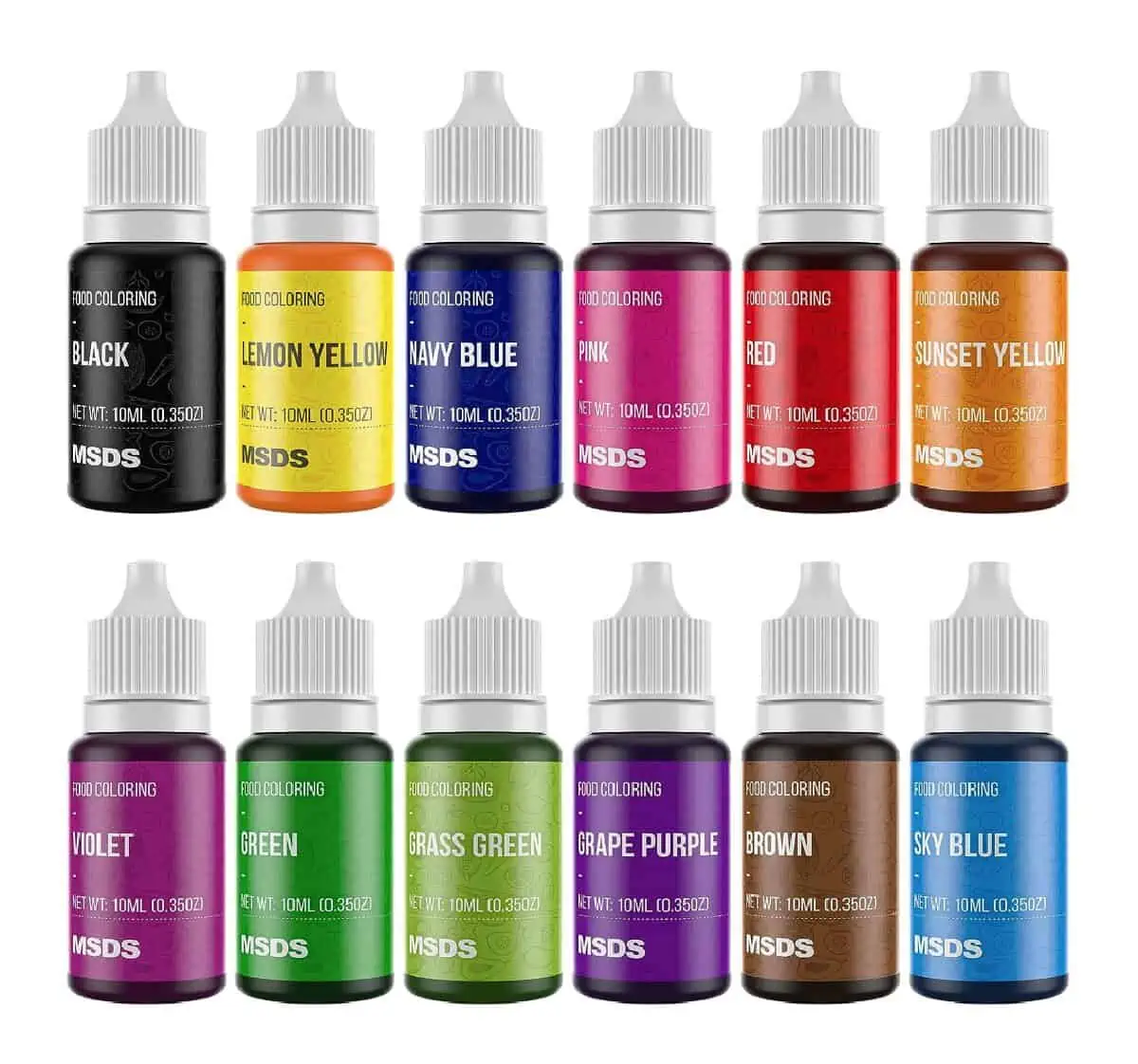 Samples of 12 small drop bottle of Value Talks food coloring shown in two rows of six on a white background.