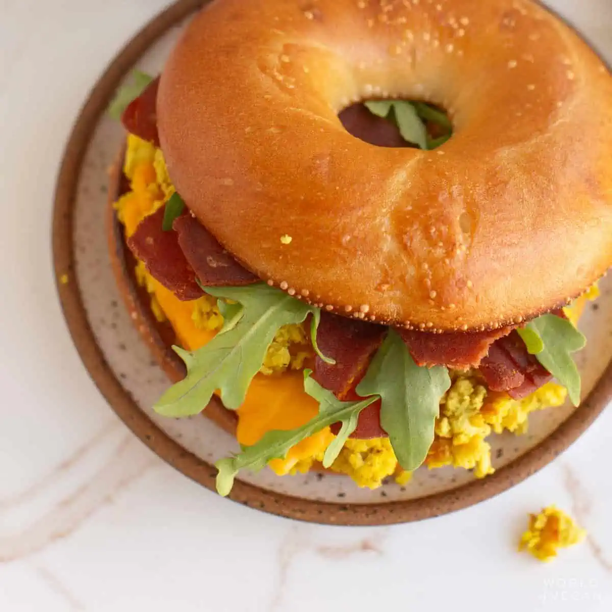A top-down photo of a vegan breakfast sandwich.