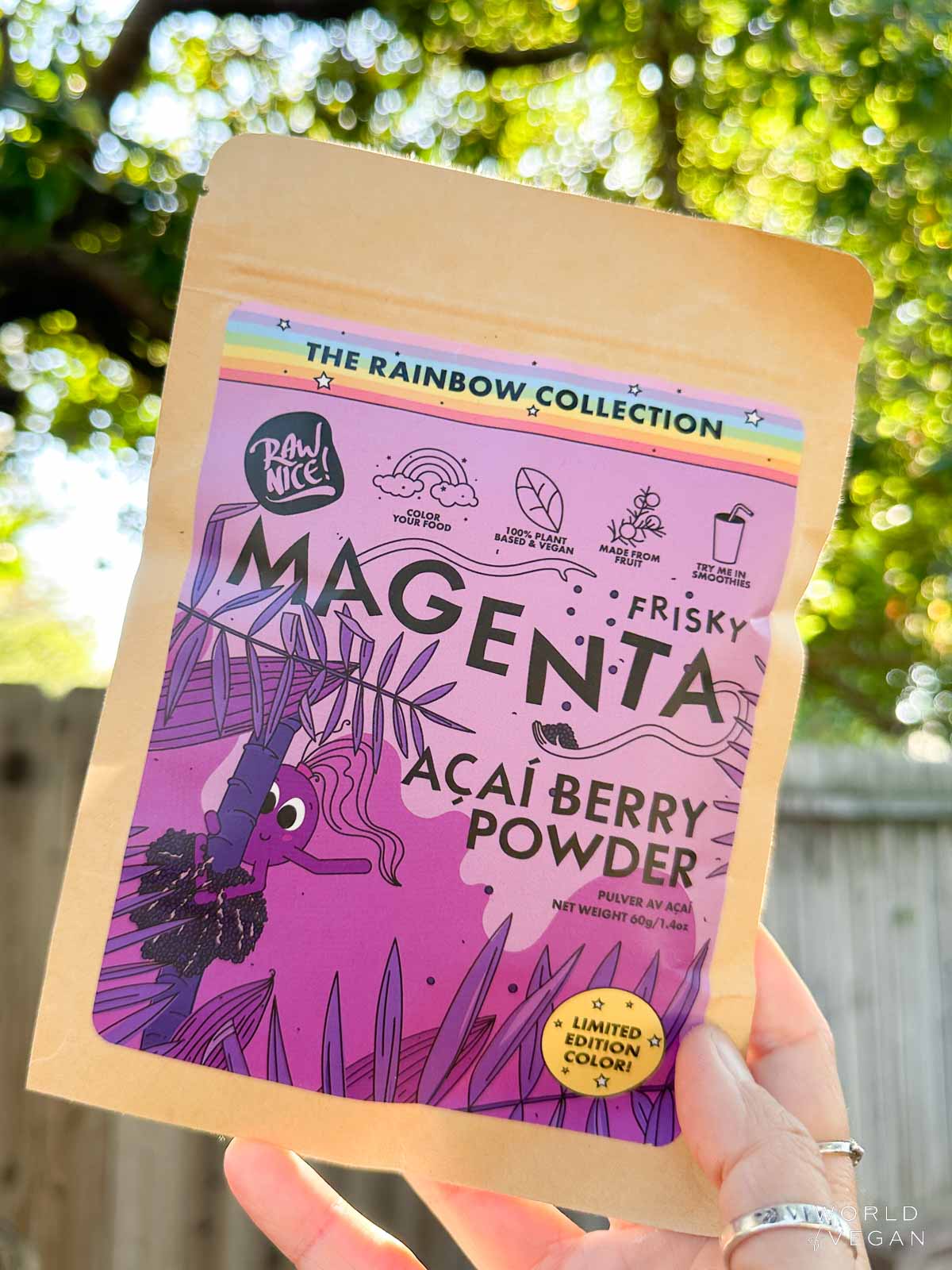 Magenta acai blueberry powder in a bag fro RawNice.