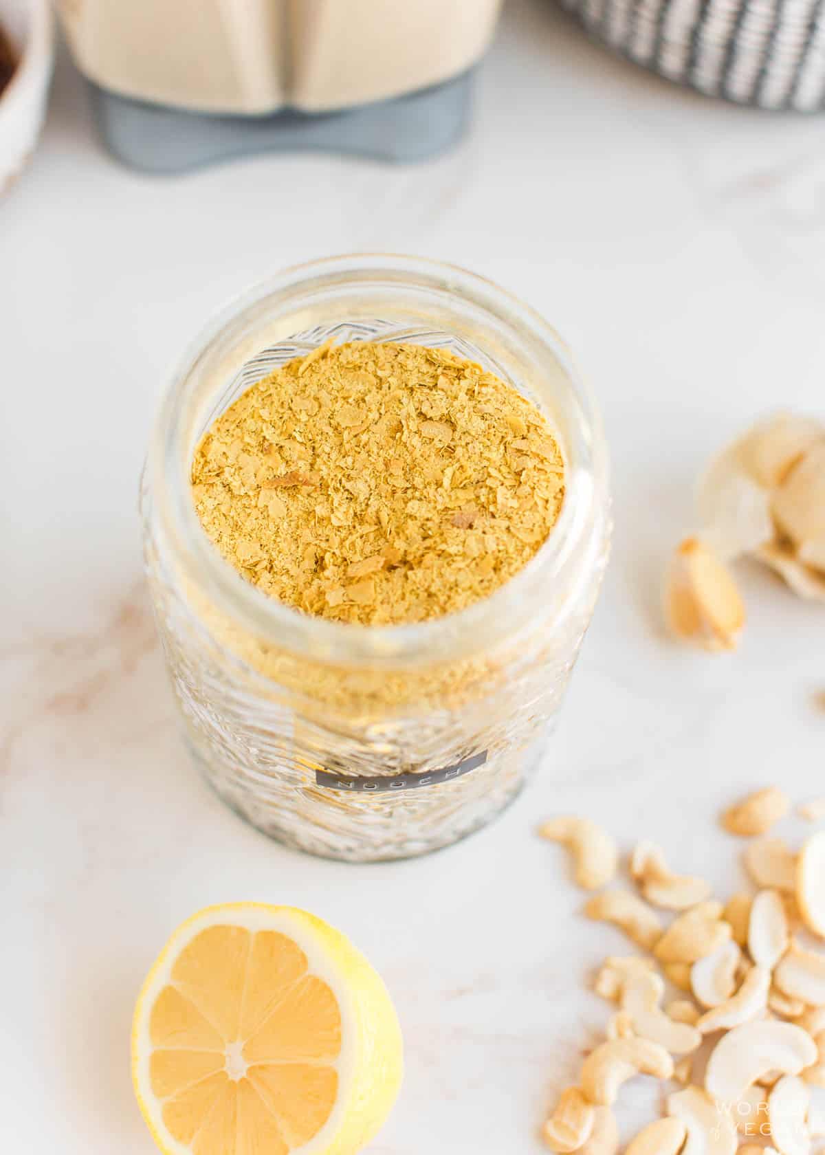 Nutritional yeast in a jar.