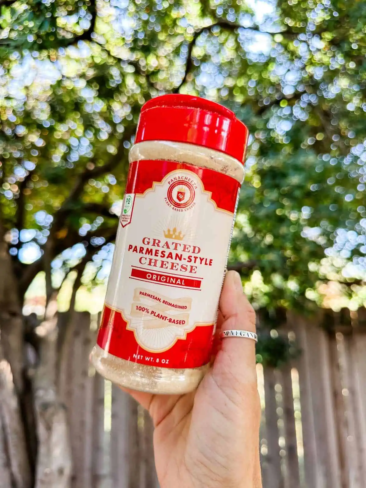 Holding up a full red shaker container of Panacheeza brand vegan parmesan cheese.