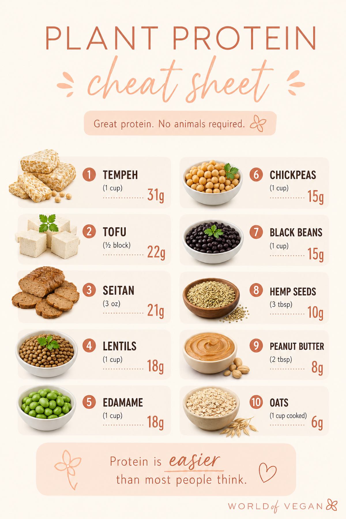 Infographic showing 10 of the top sources of plant based vegan protein including edamame, lentils, hemp seeds, chickpeas, oats, peanut butter, and more, along with the amount of protein per serving of each.