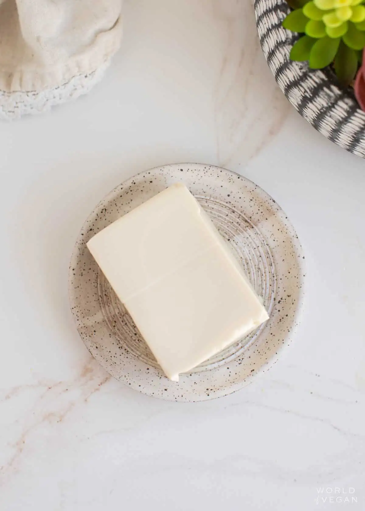 Overhead view of a block of silken tofu.