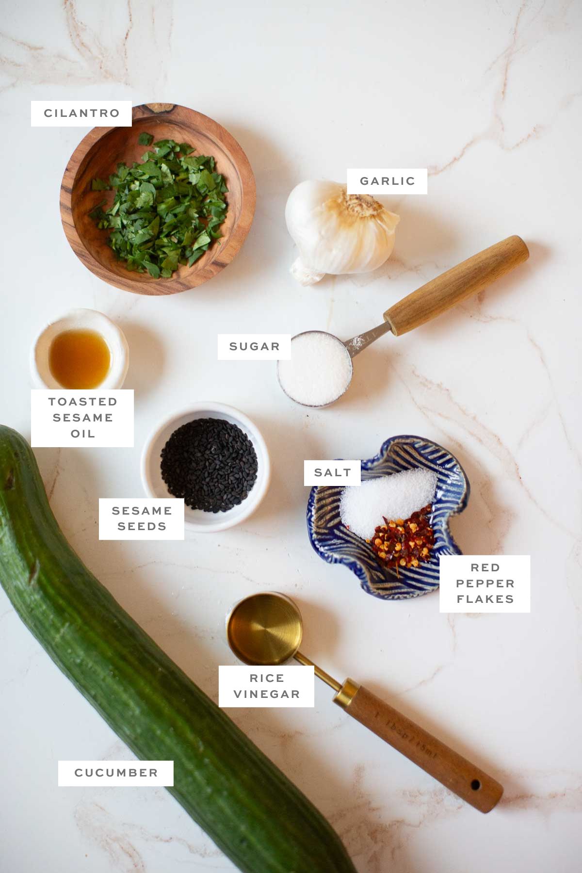 Gathered ingredients for this spicy Asian cucumber salad recipe measured out into individual bowls and labeled.