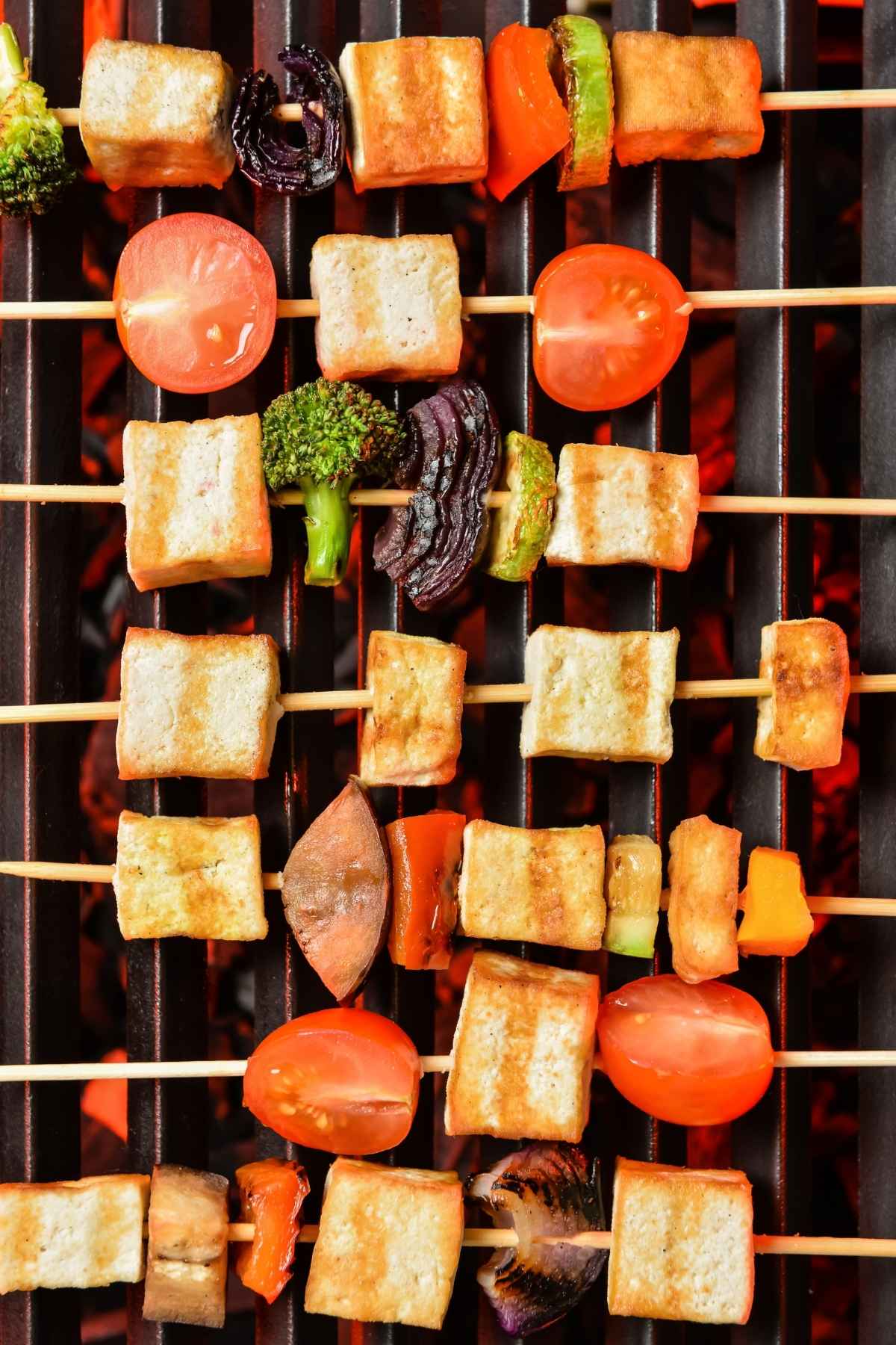 Grilled tofu skewers with grilled veggies.