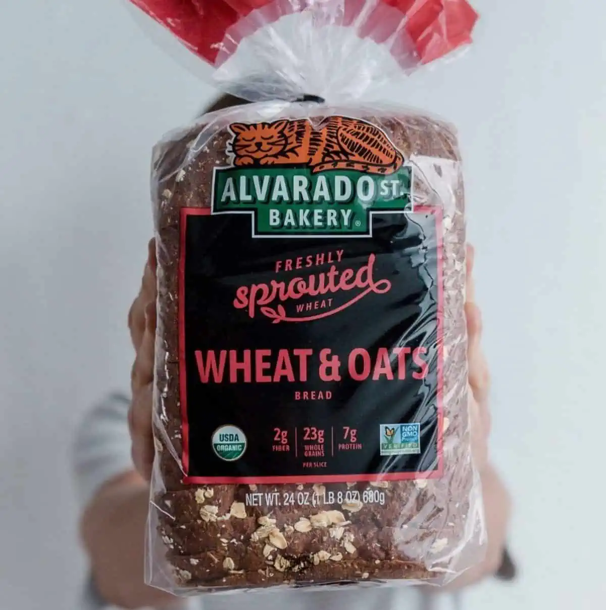 A package of Alvarado Street Bakery bread.