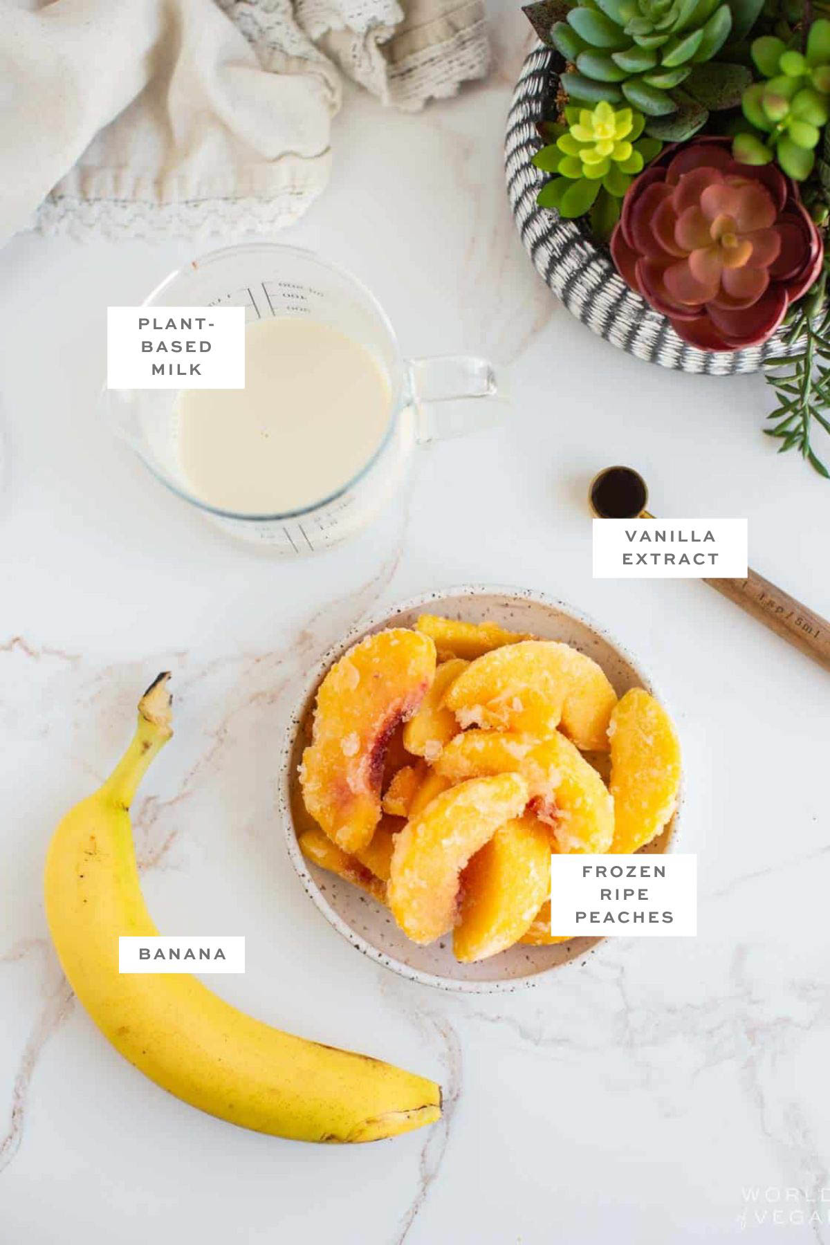 Ingredients for a banana peach smoothie with labels.