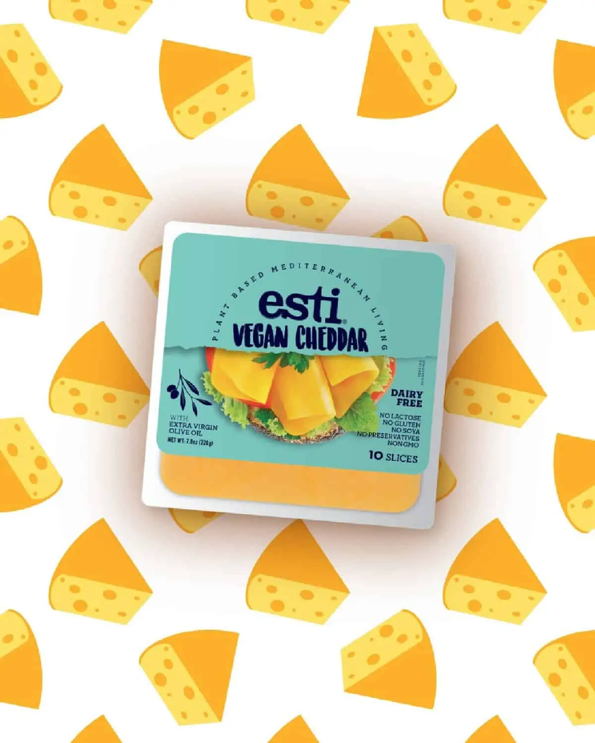 A turquoise colored package of Esti vegan cheese against a background of white and orange cheese wedge drawings. 