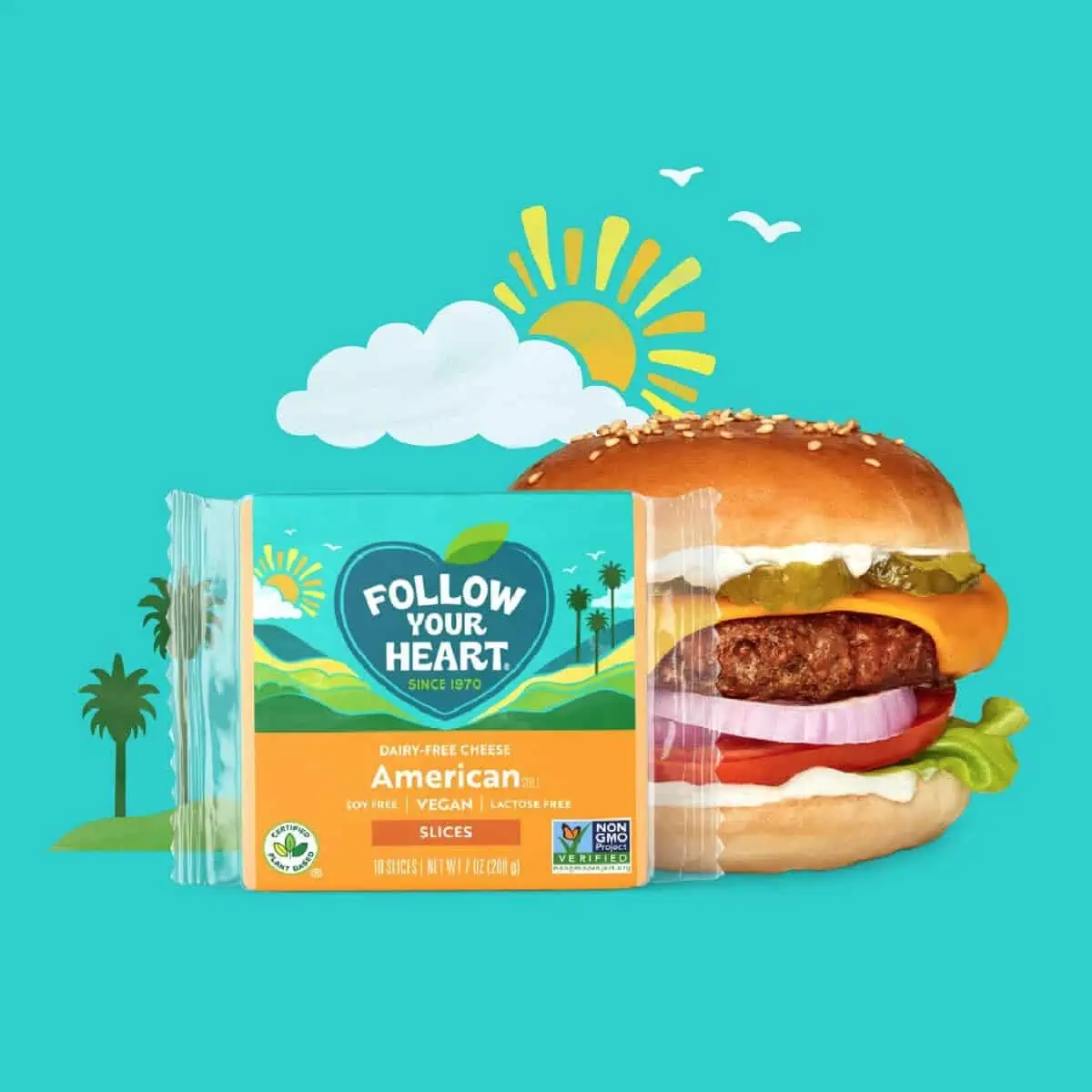 A turquoise and orange package of Follow Your Heart vegan cheese slices next to a loaded veggie burger against a turquoise background with drawn sun, clouds and trees. 