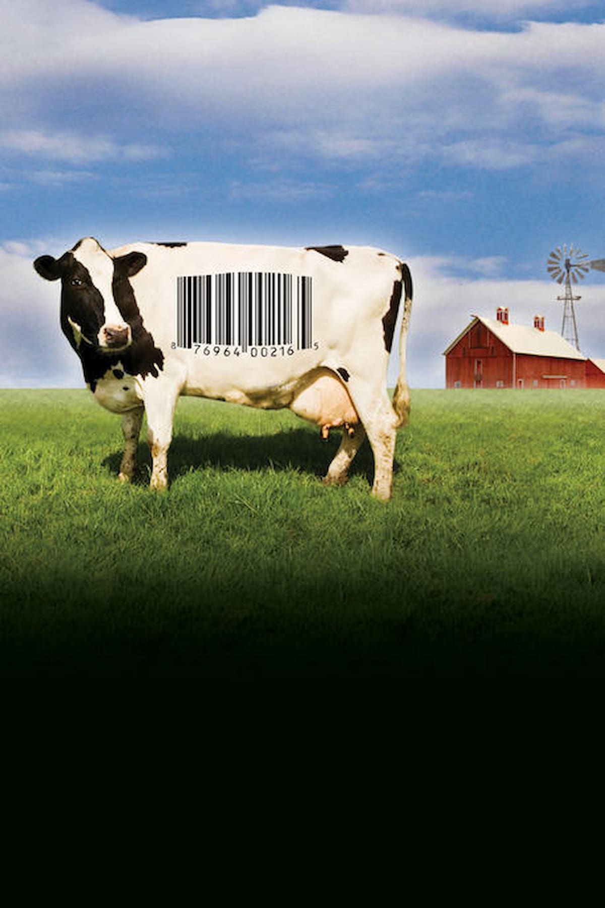 Poster for Food, Inc. documentary with barcode stamped on the side of a cow.