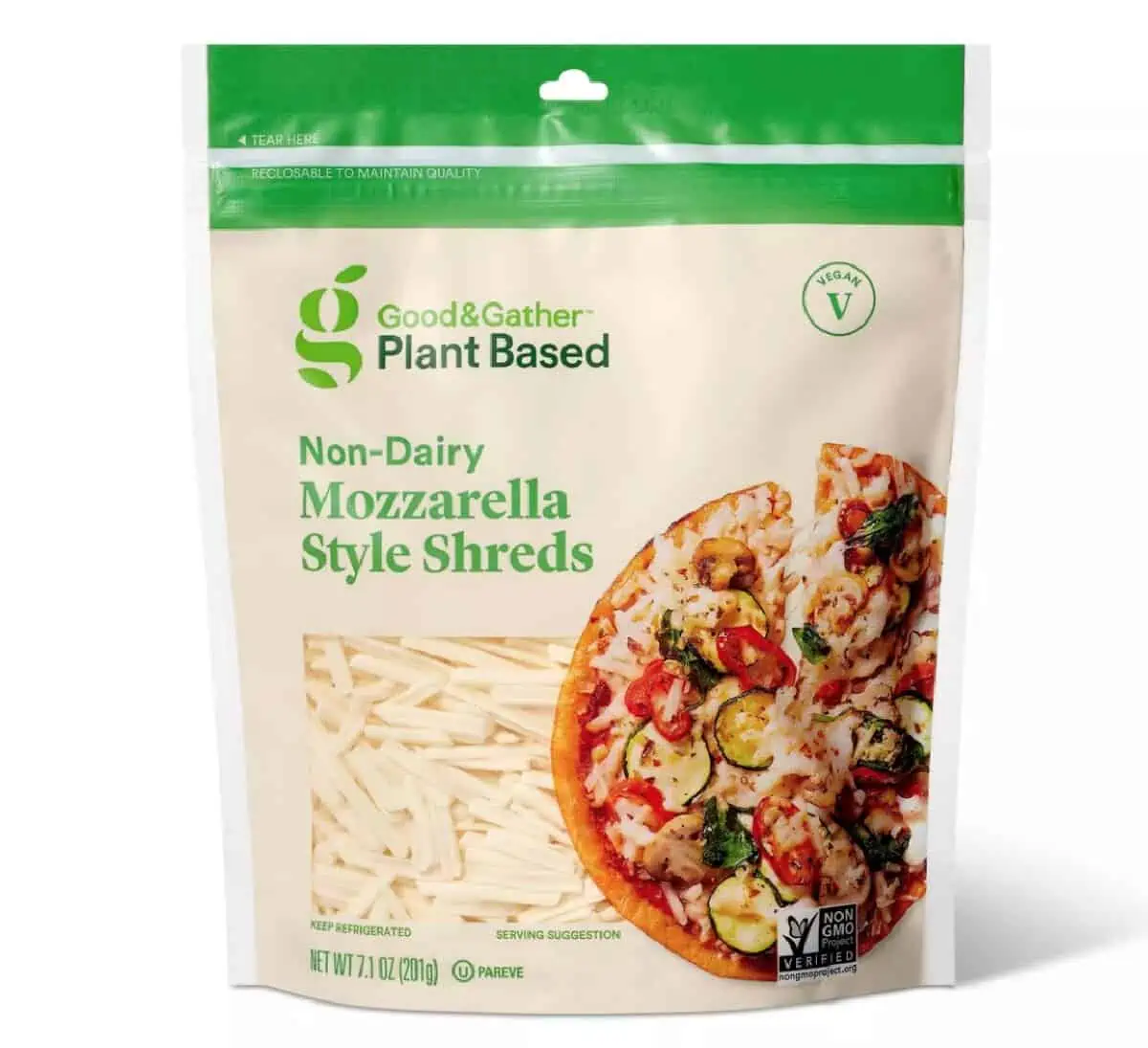 A white and green pouch of Good & Gather Plant-Based, Non-Dairy Mozzarella Style Shreds against a white background.