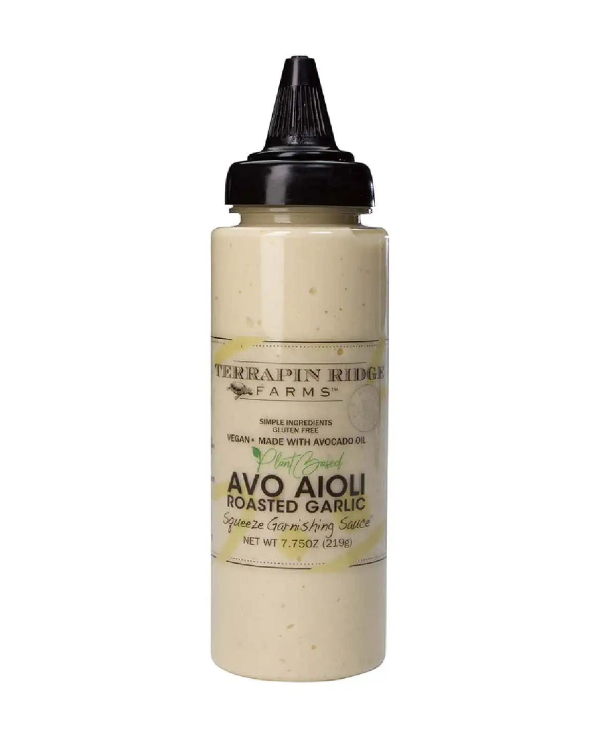 A squeeze bottle with black top containing Terrapin Ridge Farms plant-based Avo Aioli in roasted garlic against a white background.  