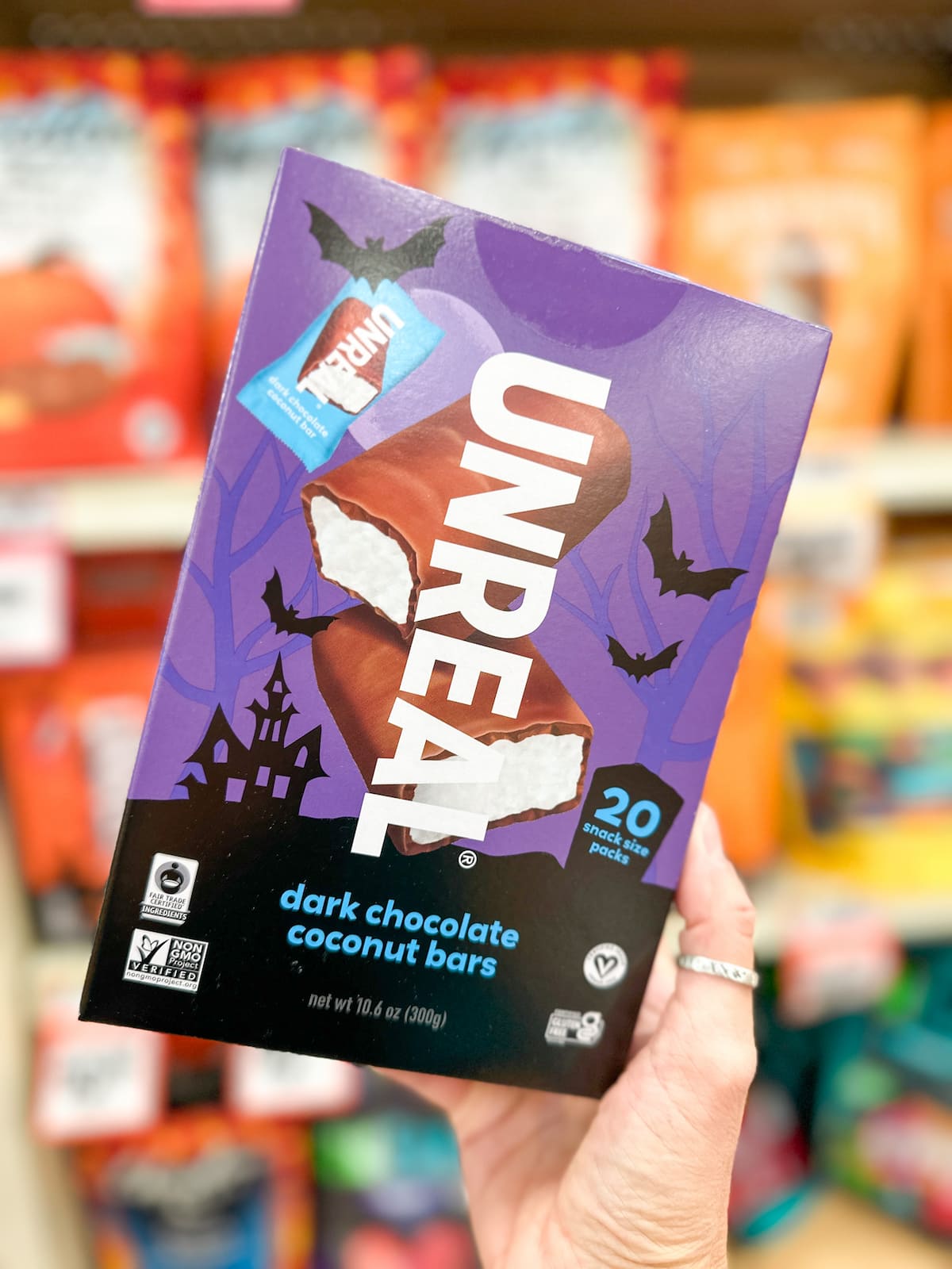 A box of Unreal dark chocolate coconut bars.