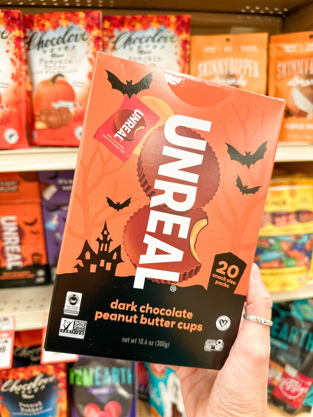 A box of Unreal dark chocolate peanut butter cups.