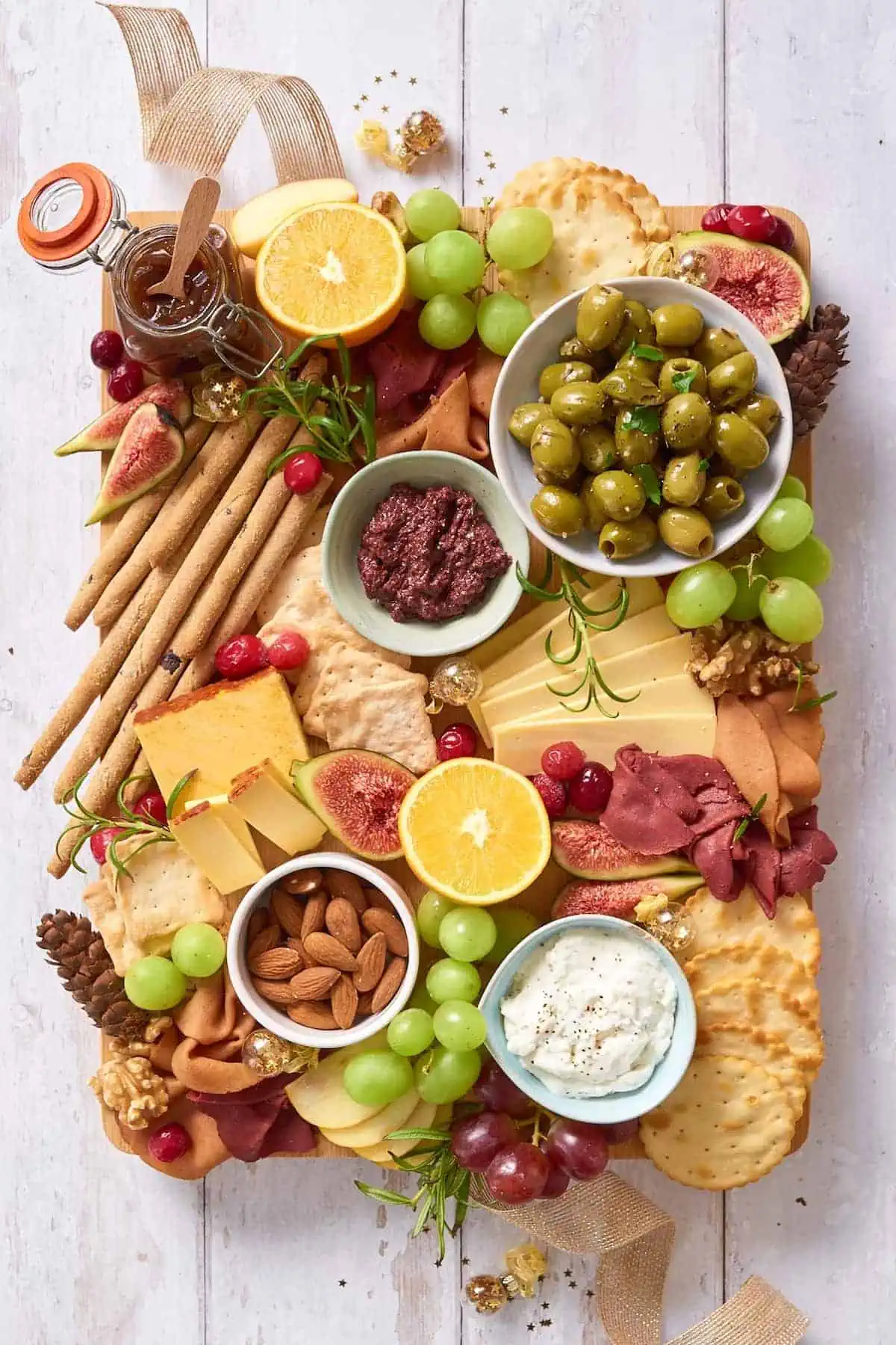 A festive vegan charcuterie boards with lots of components.