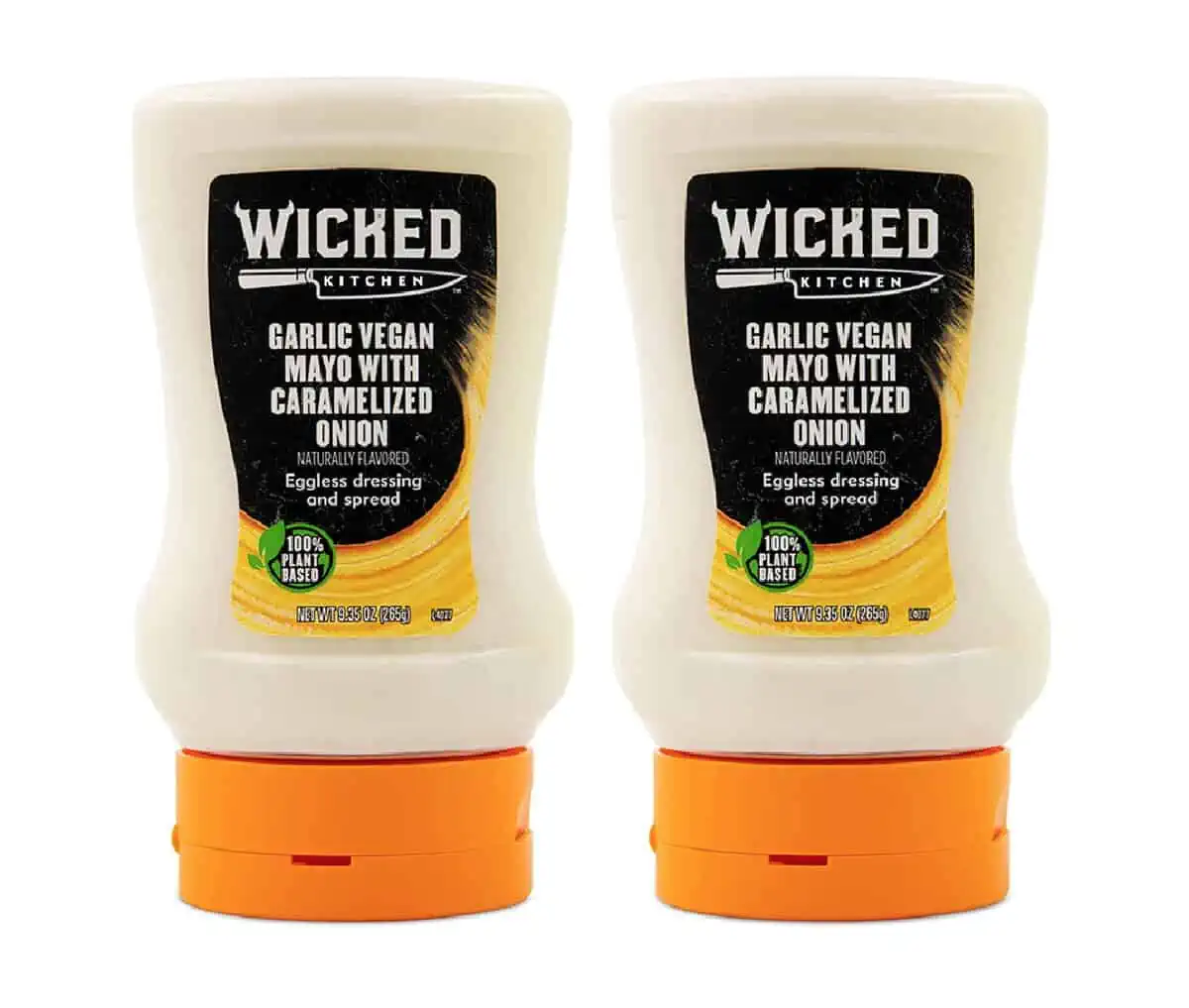Two dark blue and orange accented squeeze bottles of Wicked Kitchen garlic vegan mayo.