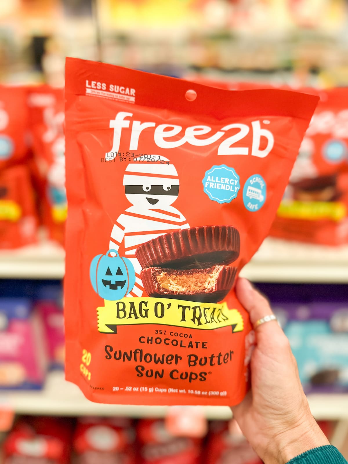 A bag of free2b Bag O' Treats vegan chocolate sunflower butter sun cups.