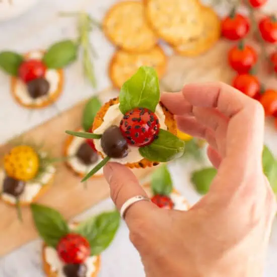 A hand holding a cracker topped with plant-based cream cheese, a slice cherry tomato, and an olive arranged to look like a ladybug.