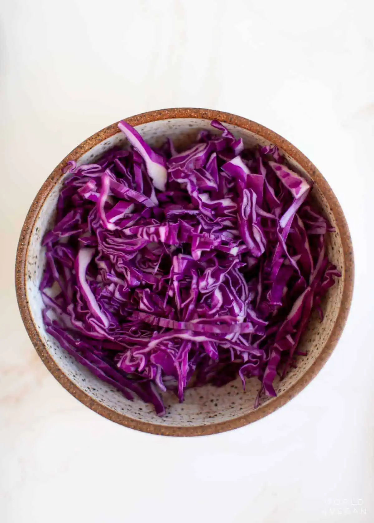 A bowl of shredded purple cabbage.