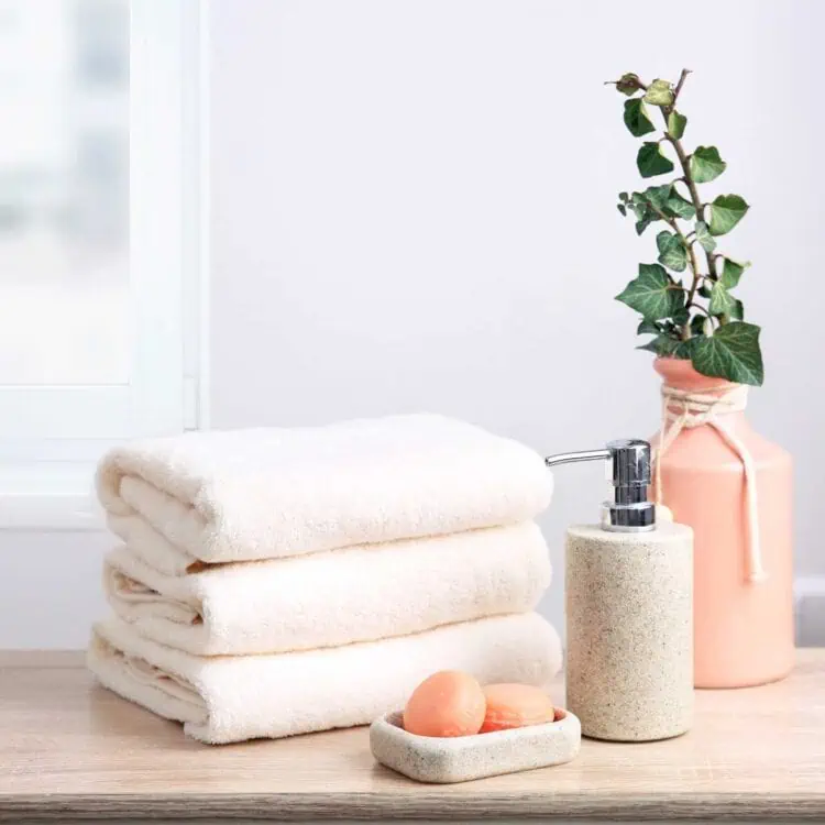 A stack of towels next to vegan wash and soap.