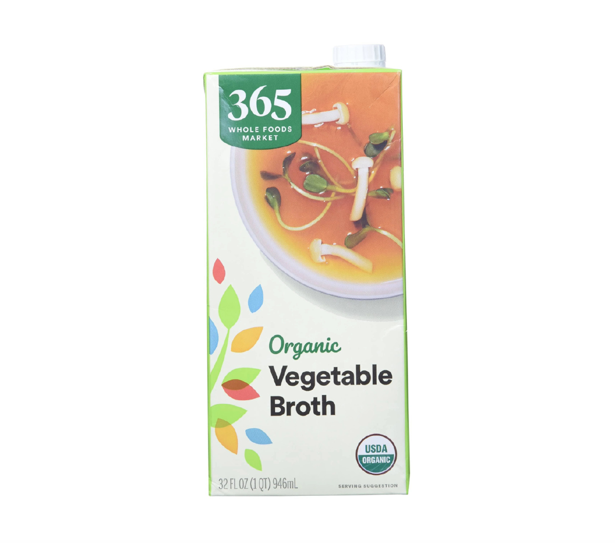 An aseptic container of Organic Vegetable Broth by 365 Whole Foods Market against a white background. 