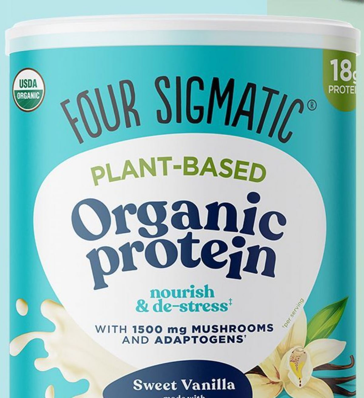 A container of Four Sigmatic brand organic vegan protein powder.