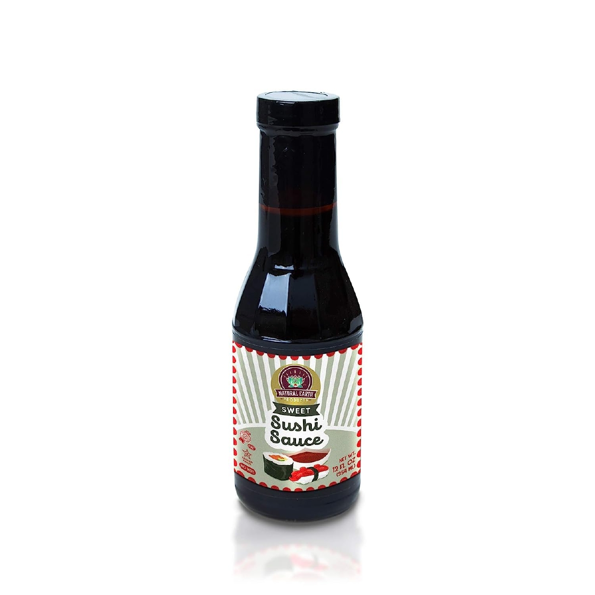 A glass bottle of Natural Earth Products brand sweet sushi sauce with black lid against a white background.