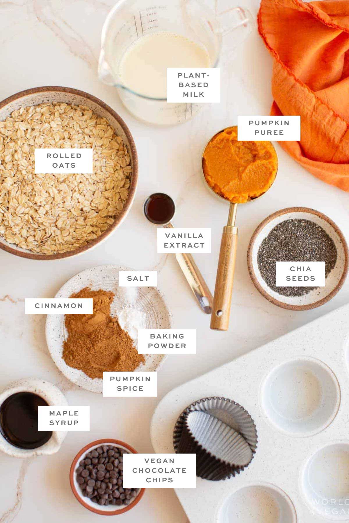 Ingredients for pumpkin oatmeal bites with labels.