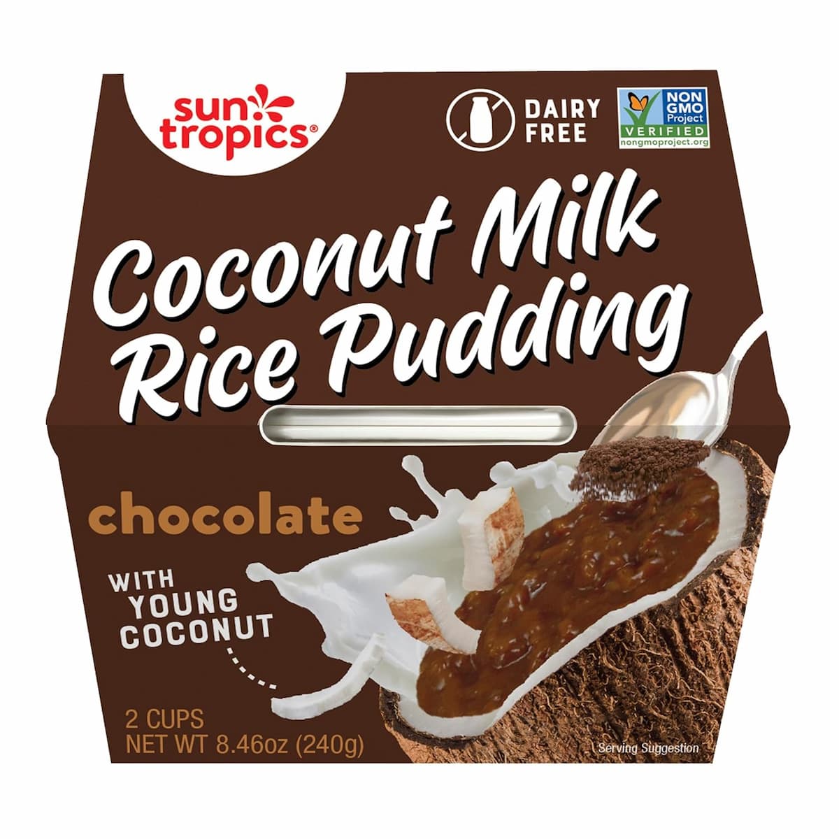 A six pack of Sun Tropics vegan chocolate rice pudding in brown packaging. 