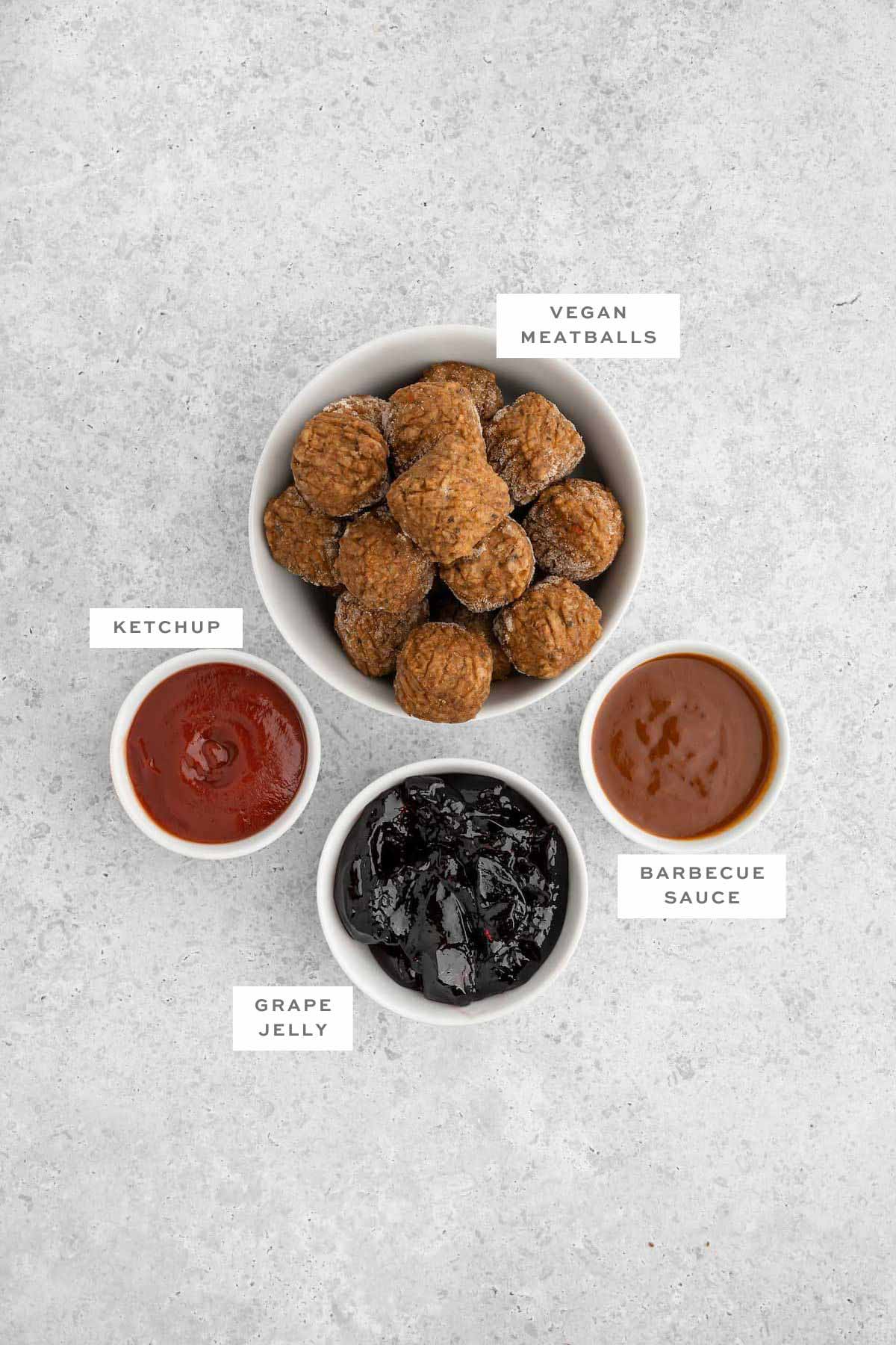 Key ingredients for vegan BBQ meatballs with labels.