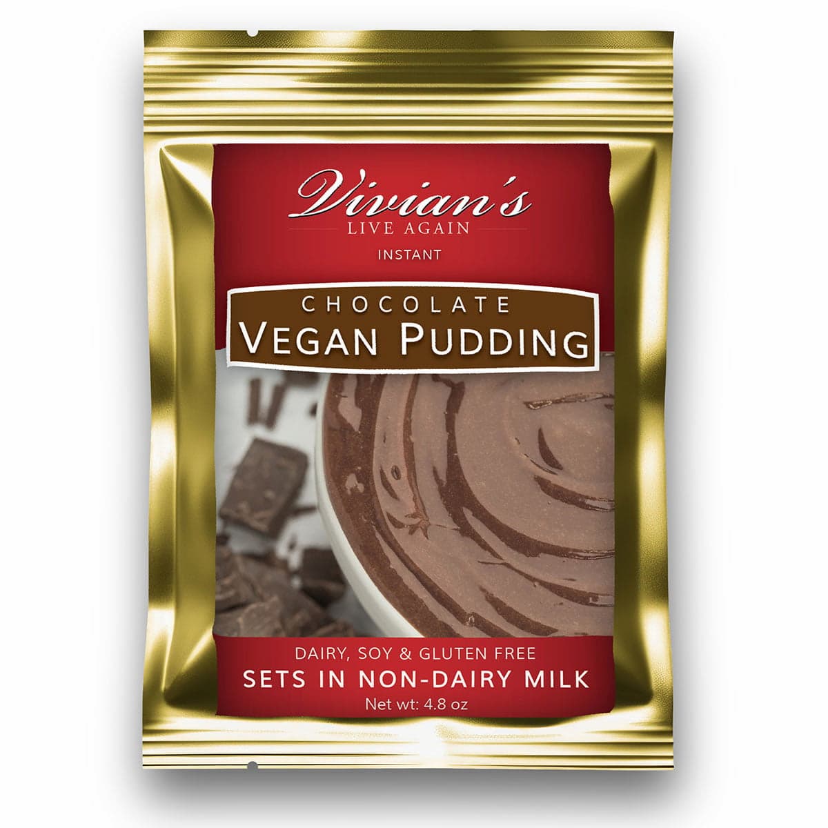 A red and gold foil package of Vivian's Chocolate Vegan Pudding Mix on a white background.