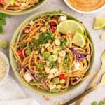 A bowl of cold peanut noodle salad with purple cabbage, carrots, peas, tofu, green onion, and sesame peanut sauce.