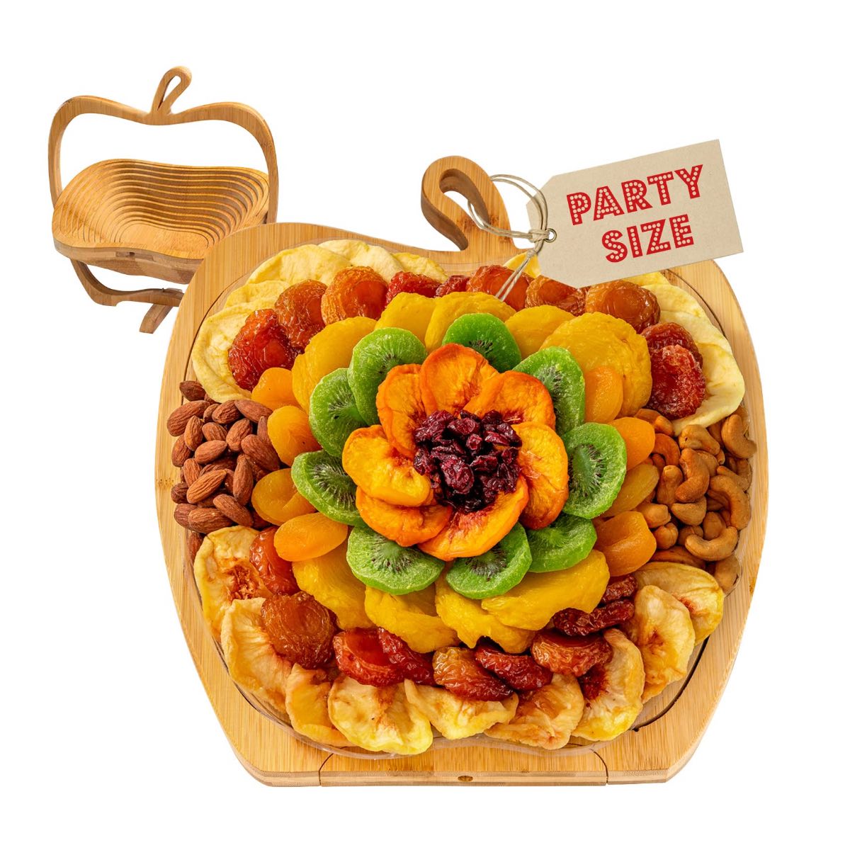 A platter of dried fruit in an apple-shaped basket for gifting.