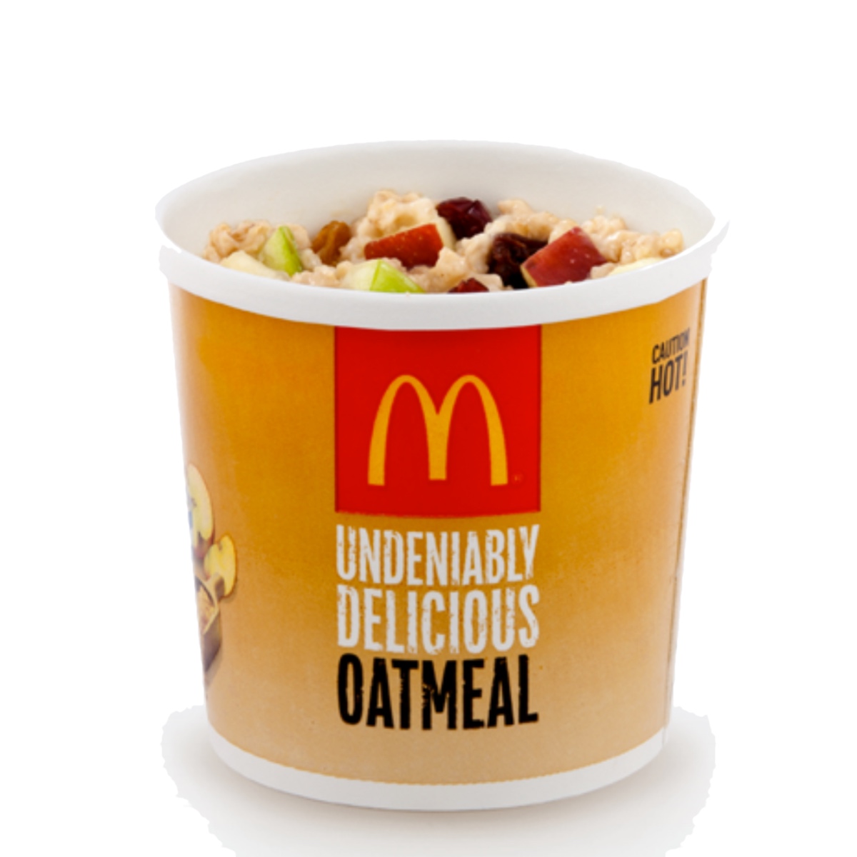 A cup of McDonald's oatmeal topper with fresh fruit and dried fruit. 