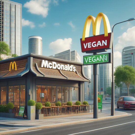 A vegan sign in front of a McDonald's restaurant in a city.