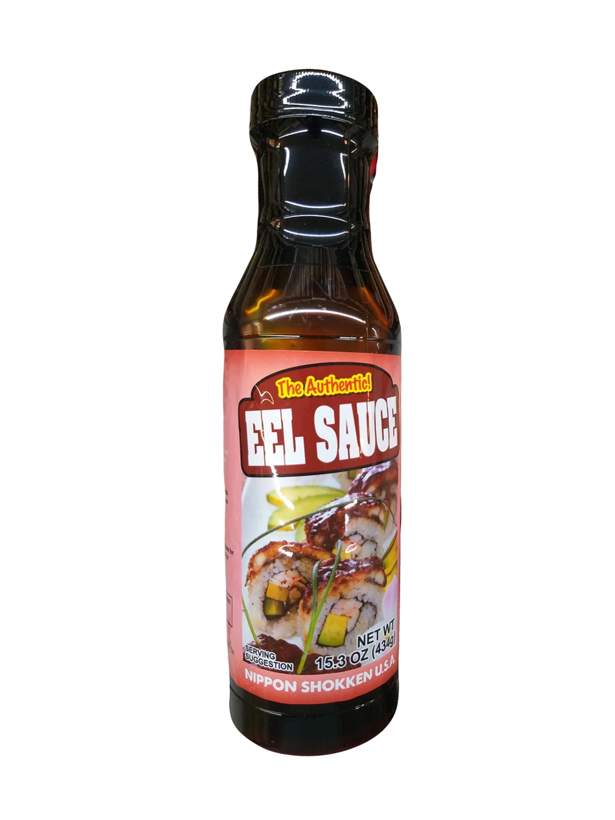 Dark glass bottle of Nippon Shokken Eel Sauce with red and pink label against a white background.