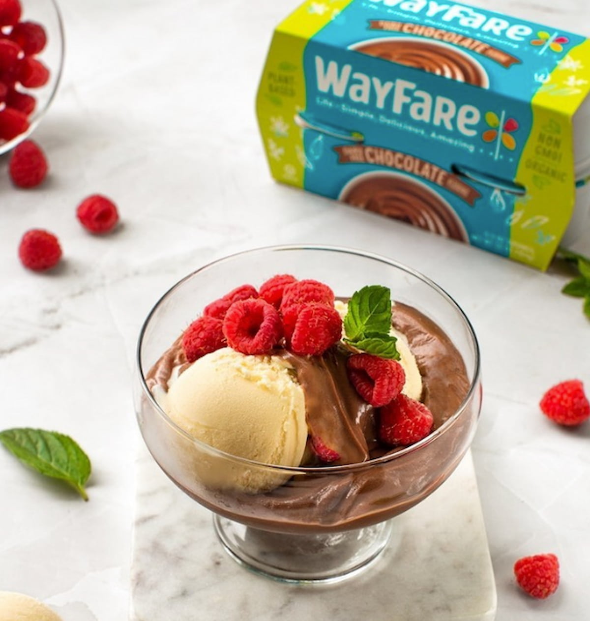 A bowl of WayFare vegan chocolate pudding topped with a scoop of vegan ice cream and raspberries.
