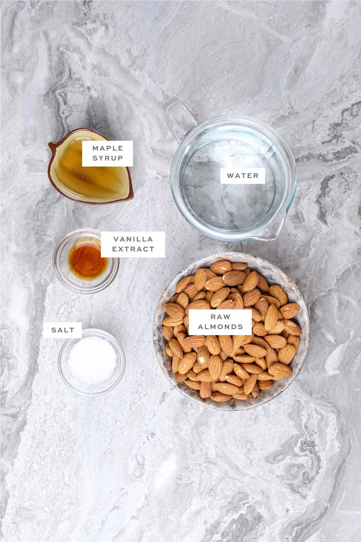 Ingredients for almond milk, with labels.