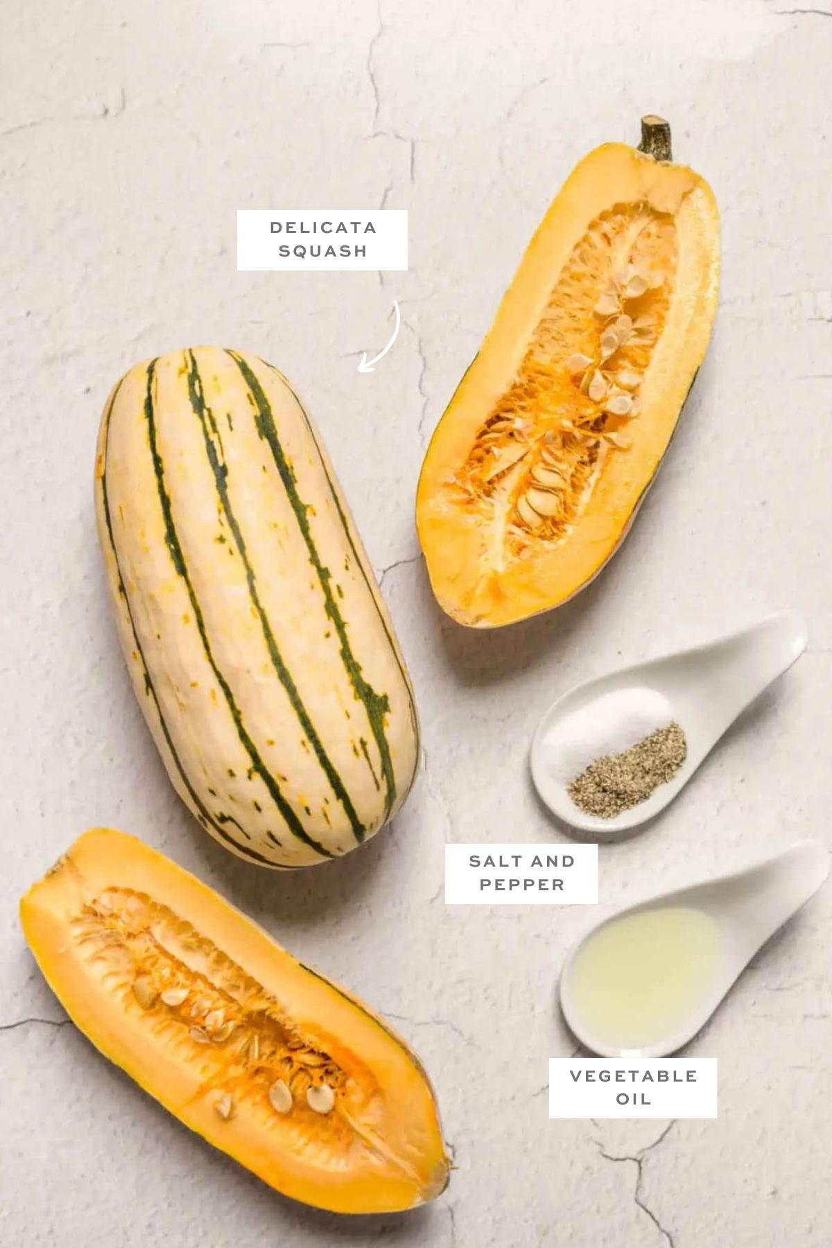 Key ingredients for roasted delicata squash with labels.