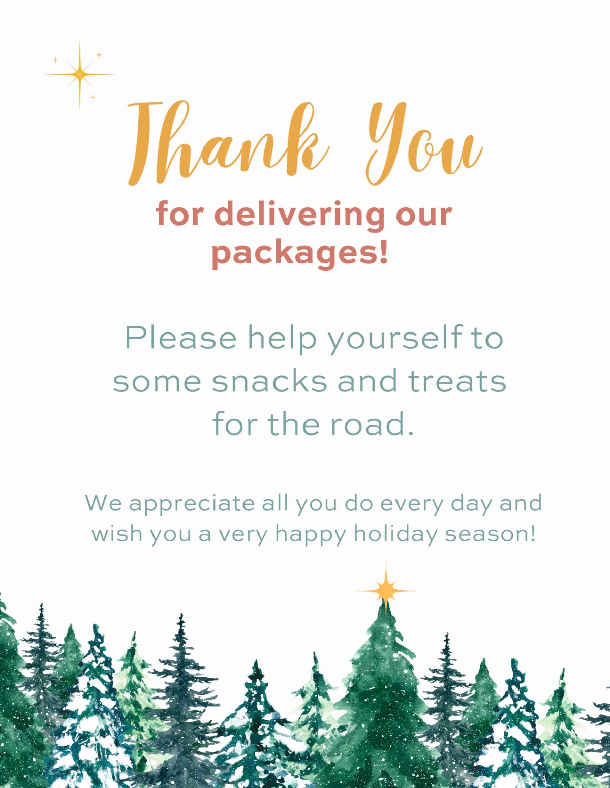 A printable thank you sign for holiday snack carts for delivery workers that show appreciation.