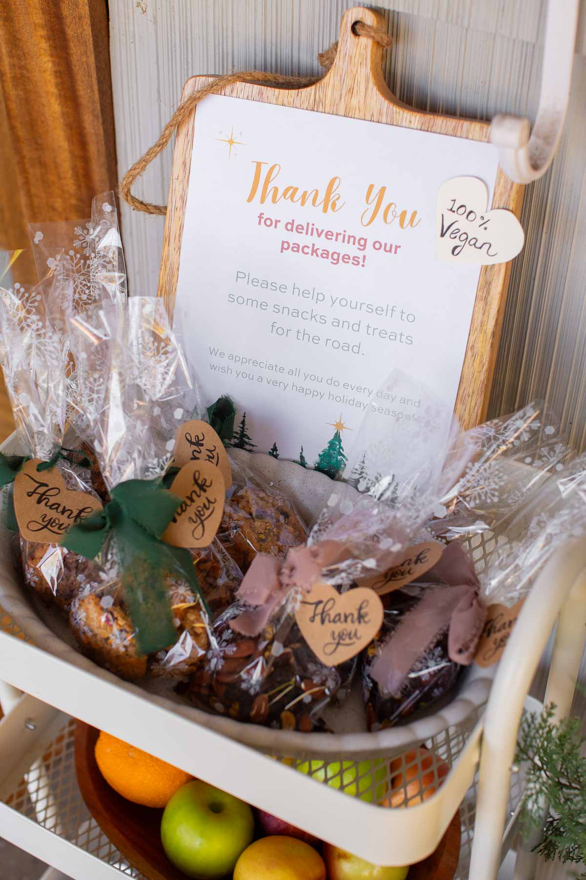 Holiday snack cart filled with vegan cookies and other snacks, up close. 