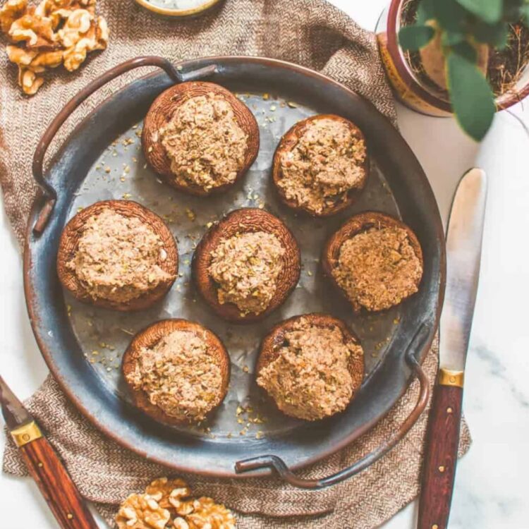 A platter of vegan stuffed mushrooms.