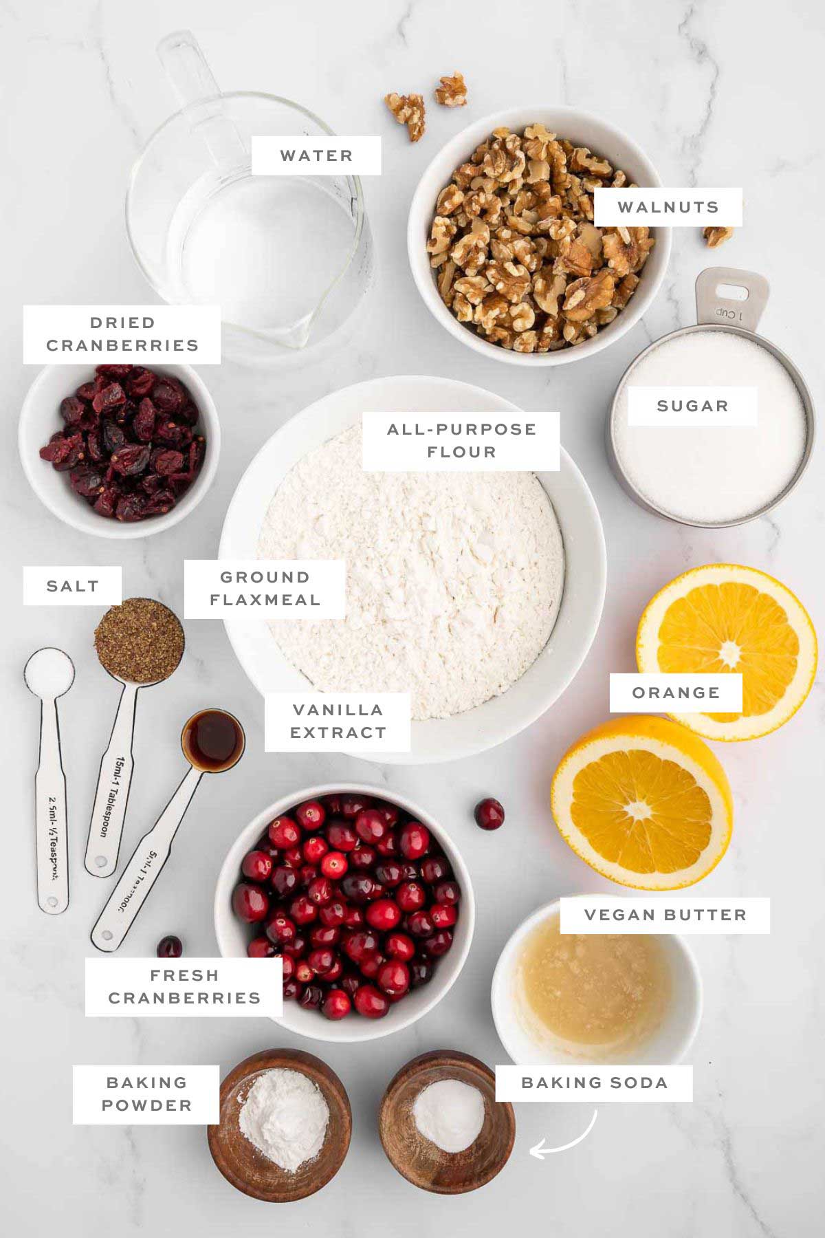 Key ingredients for cranberry walnut bread with labels.
