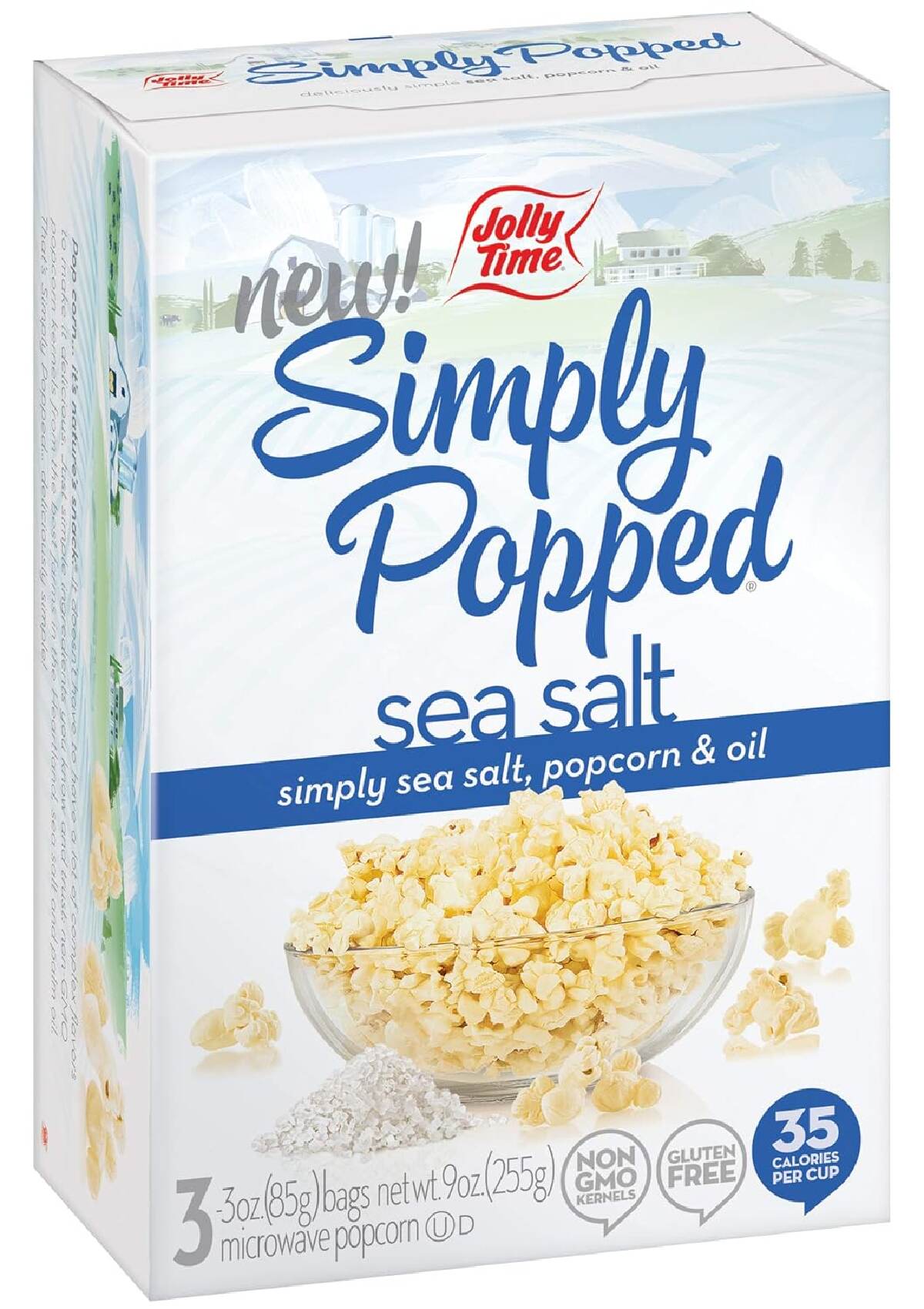A white and blue box of Jolly Time Simply Popped Sea Salt popcorn against a white background. 