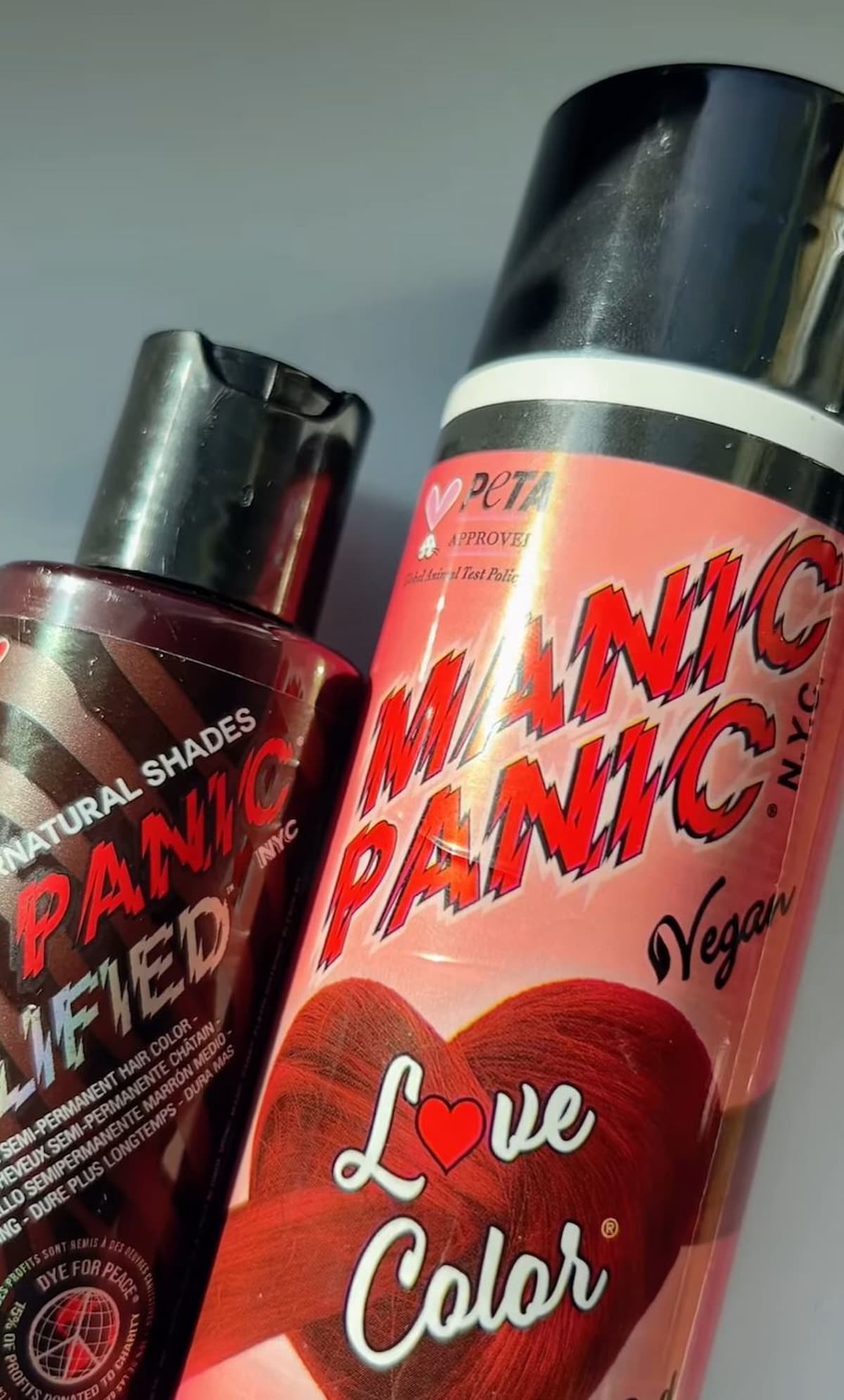 Two bottles of Manic Panic brand vegan hair dye.