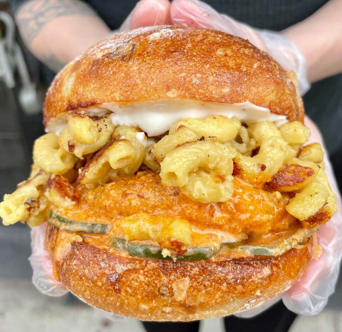 A vegan buffalo mac and cheese burger from Seitan's Helper in New York City.