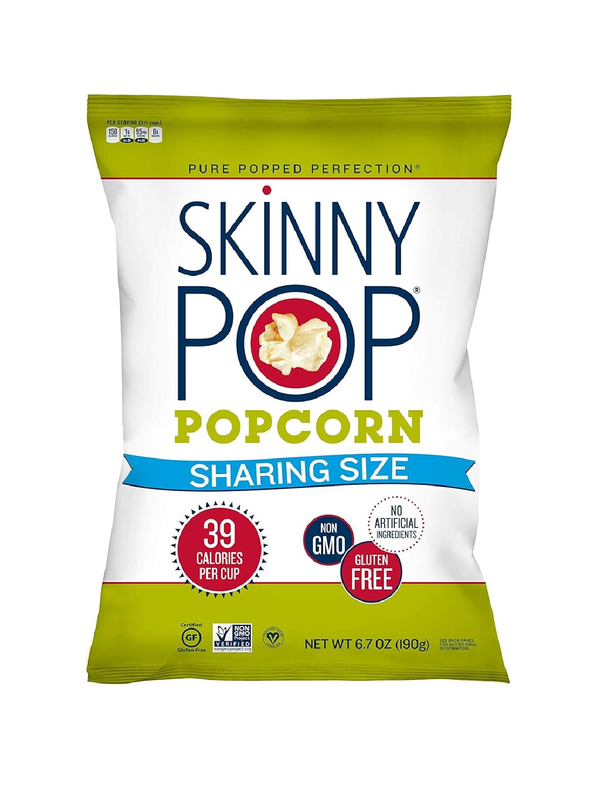 A green, white and red bag of Skinny Pop popcorn against a white background. 