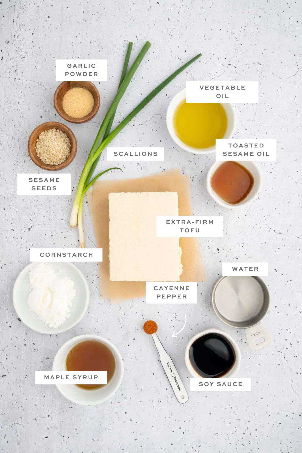 Key ingredients for Szechuan tofu with labels.