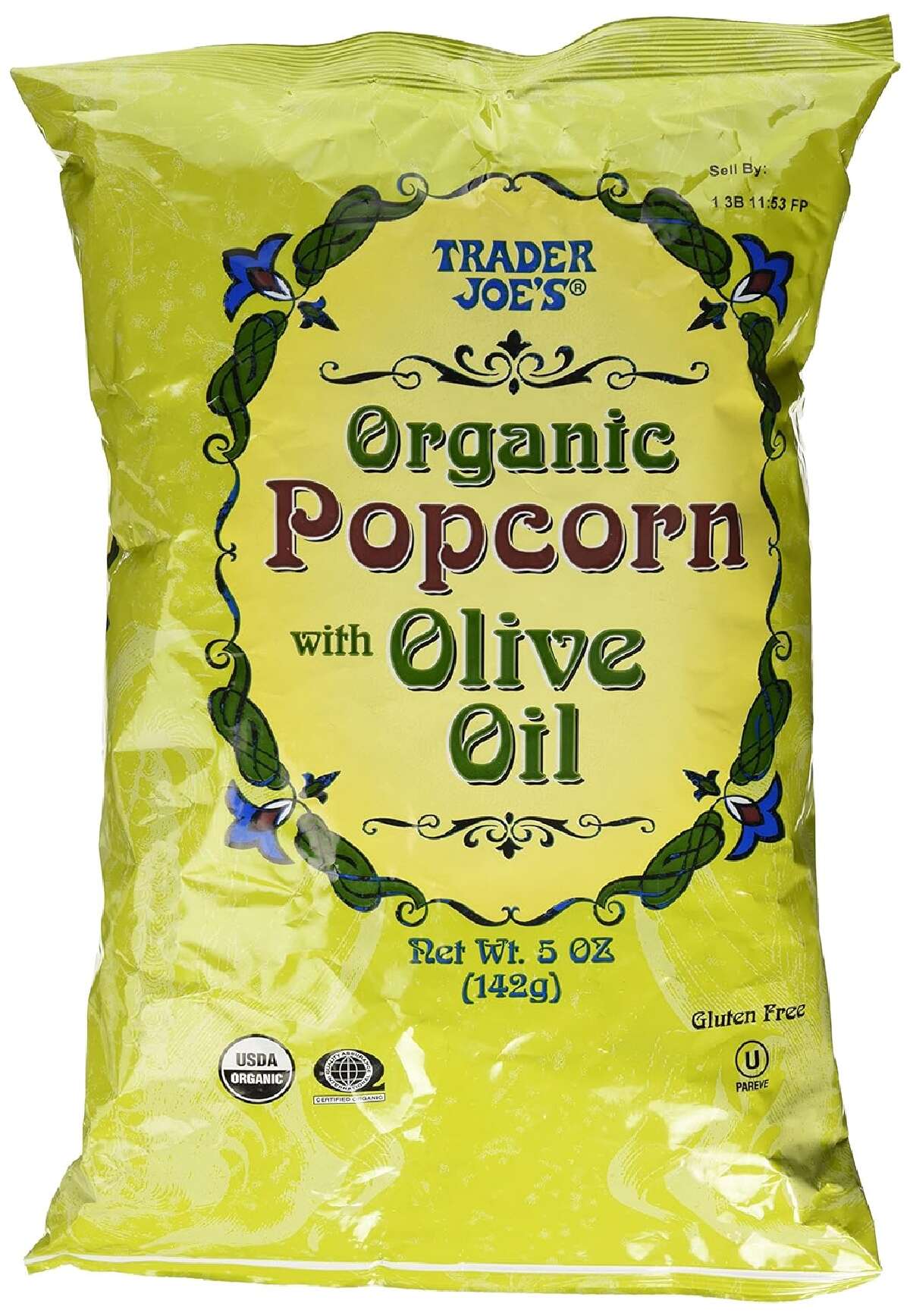A green bag of Trader Joe's organic olive oil popcorn against a white background. 